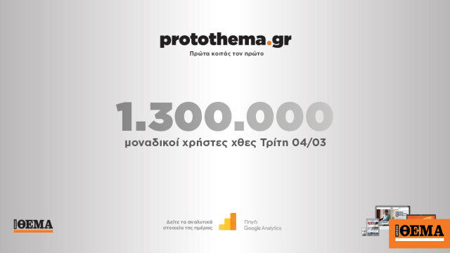 1.300.000 μοναδικοί χρήστες ενημερώθηκαν χθες Τρίτη 4 Μαρτίου από το protothema.gr 1.300.000 μοναδικοί χρήστες ενημερώθηκαν χθες Τρίτη 4 Μαρτίου από το protothema.gr