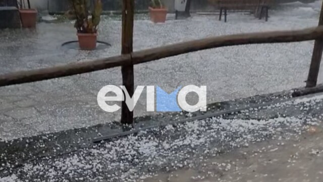 «Λευκό» τοπίο από την έντονη χαλαζόπτωση σε χωριό στην Εύβοια