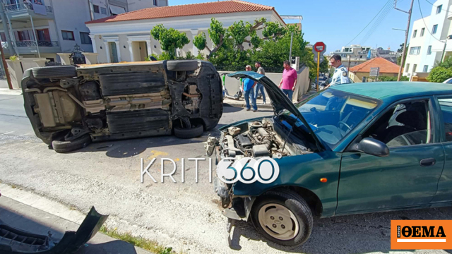 Τροχαίο με ανατροπή αυτοκινήτου στα διακστήρια στα Χανιά, δείτε φωτογραφίες