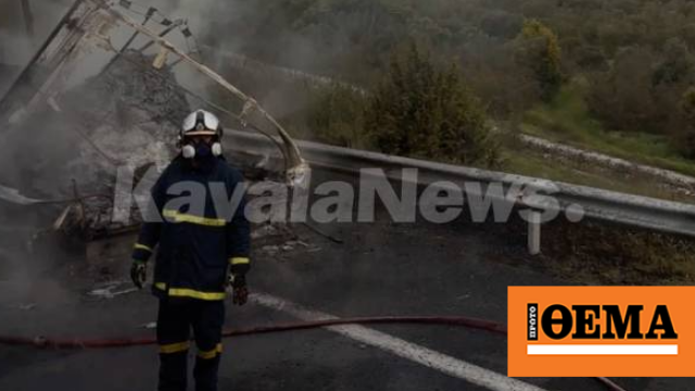 Φωτιά σε φορτηγό στην Εγνατία, καθυστερήσεις στην κυκλοφορία