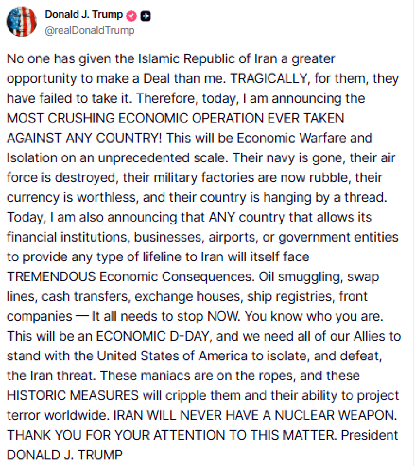 Trump threatens Iran with the toughest sanctions operation yet: “Economic D-Day”